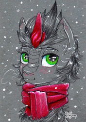 Size: 1024x1444 | Tagged: safe, artist:lailyren, oc, oc only, kirin, blushing, clothes, scarf, snow, snowfall, solo