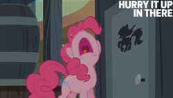Size: 4400x2475 | Tagged: safe, edit, edited screencap, editor:quoterific, screencap, pinkie pie, earth pony, pony, g4, season 2, the last roundup, open mouth, outhouse, solo, volumetric mouth