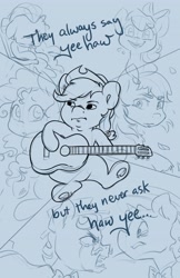 Size: 2650x4096 | Tagged: safe, artist:midnightpremiere, apple bloom, applejack, bright mac, flam, flim, granny smith, pear butter, earth pony, pony, unicorn, g4, angry, brothers, crying, female, filly, flim flam brothers, foal, guitar, hoof hold, male, mare, meme, monochrome, musical instrument, sad, siblings, stallion, text, unfinished art