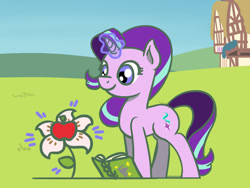 Size: 1800x1350 | Tagged: safe, artist:flutterluv, part of a set, starlight glimmer, pony, unicorn, g4, apple, atg 2023, book, flower, food, magic, newbie artist training grounds, smiling, solo