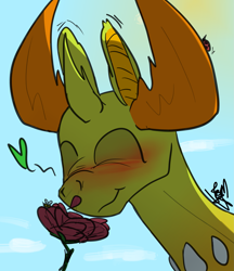Size: 2031x2354 | Tagged: safe, artist:fetishsketches, derpibooru exclusive, thorax, bee, changedling, changeling, insect, g4, blushing, bugs doing bug things, cute, eyes closed, floating heart, flower, heart, high res, king thorax, male, sniffing, thorabetes