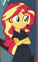 Size: 440x720 | Tagged: safe, screencap, sunset shimmer, human, all the world's off stage, all the world's off stage: pinkie pie, equestria girls, g4, my little pony equestria girls: better together, :|, black pants, black shirt, clothes, confused, cropped, crossed arms, denim, director shimmer, earpiece, headset, jeans, pants, shirt, solo, t-shirt