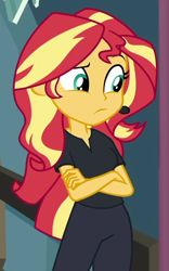 Size: 450x720 | Tagged: safe, screencap, sunset shimmer, human, all the world's off stage, equestria girls, g4, my little pony equestria girls: better together, cropped, director shimmer, female, headset, solo