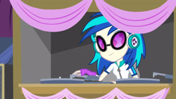 Size: 3072x1727 | Tagged: safe, screencap, dj pon-3, vinyl scratch, human, equestria girls, equestria girls specials, g4, my little pony equestria girls: dance magic, canterlot high, female, headphones, smiling, solo, sunglasses