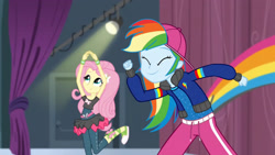 Size: 3072x1727 | Tagged: safe, screencap, fluttershy, rainbow dash, human, equestria girls, equestria girls specials, g4, my little pony equestria girls: dance magic, canterlot high, clothes, cute, dashabetes, duo, duo female, eyes closed, female, hairpin, hoodie, shoes, shyabetes, smiling