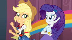 Size: 3072x1727 | Tagged: safe, screencap, applejack, rarity, human, equestria girls, equestria girls specials, g4, my little pony equestria girls: dance magic, applejack's hat, bracelet, canterlot high, cowboy hat, crossed arms, cute, duo, duo female, female, frown, hairpin, hat, jackabetes, jewelry, smiling