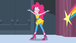 Size: 3072x1727 | Tagged: safe, screencap, pinkie pie, human, equestria girls, equestria girls specials, g4, my little pony equestria girls: dance magic, armpits, canterlot high, clothes, cute, diapinkes, dress, eyes closed, female, high heels, shoes, smiling, solo