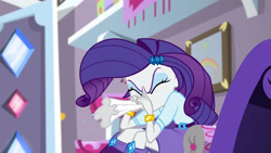 Size: 3072x1727 | Tagged: safe, screencap, rarity, human, equestria girls, equestria girls specials, g4, my little pony equestria girls: dance magic, belt, boots, bracelet, clothes, eyes closed, female, hairpin, high heel boots, jewelry, marshmelodrama, nose blowing, rarity being rarity, shirt, shoes, skirt, solo, teenager, tissue