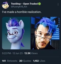 Size: 714x744 | Tagged: safe, argyle starshine, earth pony, human, pony, g5, argyplier, duo, duo male, glasses, irl, irl human, male, markiplier, meta, photo, similarities, stallion, twitter