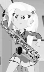 Size: 416x672 | Tagged: safe, edit, edited screencap, editor:weyantonio26, screencap, trixie, human, equestria girls, g4, female, monochrome, musical instrument, saxophone, solo