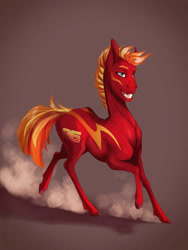 Size: 774x1032 | Tagged: safe, artist:finchina, pony, brown background, cars (pixar), grin, lightning mcqueen, male, ponified, signature, simple background, smiling, smoke, solo, stallion, tall