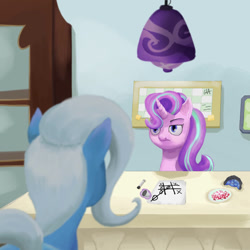 Size: 894x894 | Tagged: safe, artist:calebpedigo, starlight glimmer, trixie, pony, unicorn, g4, female, geode, looking at each other, looking at someone, room, starlight's office, tic tac toe