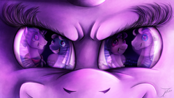 Size: 1280x720 | Tagged: safe, artist:jamescorck, double diamond, night glider, party favor, starlight glimmer, sugar belle, pony, g4, eye reflection, offscreen character, pov, purple, reflection