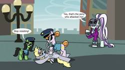 Size: 1920x1080 | Tagged: safe, artist:platinumdrop, coloratura, copper top, derpy hooves, oc, oc:filly anon, earth pony, pegasus, pony, g4, abuse, accident, angry, arrest, baton, building, city, clothes, comic, countess coloratura, crying, cuffs, derpybuse, fear, female, filly, foal, gritted teeth, hat, jacket, jewelry, lying down, manehattan, mare, messy mane, misunderstanding, mouth hold, necklace, necktie, on back, open mouth, police, police hat, police officer, police pony, police uniform, ponytail, prone, raised hoof, restrained, sad, scared, shirt, shirt with a collar, sky, speech bubble, stepped on, street, streetlight, sunglasses, tears of fear, teeth, uniform, weapon, window, wings, wristband, yelling