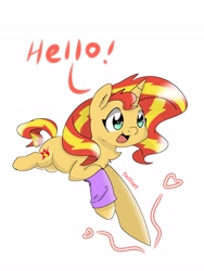 Size: 3072x4096 | Tagged: safe, artist:twiliset, sunset shimmer, pony, unicorn, g4, clothes, female, heart, hello, mare, open mouth, running, simple background, smiling, solo, white background