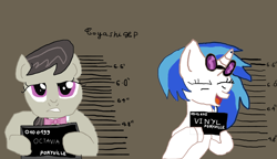 Size: 5876x3387 | Tagged: safe, artist:toyashixp, dj pon-3, octavia melody, vinyl scratch, earth pony, pony, g4, barbie, barbie (film), barbie mugshot meme, meme, mugshot, name