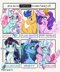 Size: 1715x2048 | Tagged: safe, artist:carouselunique, coloratura, flash sentry, minty, misty brightdawn, ocellus, pipp petals, earth pony, pegasus, pony, unicorn, g3, g4, g5, female, looking at each other, looking at someone, male, mare, pride, pride flag, stallion, transgender pride flag