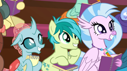 Size: 1920x1080 | Tagged: safe, screencap, huckleberry, november rain, ocellus, peppermint goldylinks, sandbar, silverstream, changedling, changeling, classical hippogriff, earth pony, hippogriff, pony, g4, season 8, the end in friend, 1080p, cute, diaocelles, diastreamies, excited, female, friendship student, male, offscreen character, sandabetes, smiling, teenager