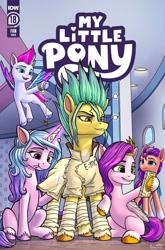 Size: 791x1200 | Tagged: safe, artist:robin jacks, idw, hitch trailblazer, izzy moonbow, pipp petals, sunny starscout, zipp storm, earth pony, pegasus, pony, unicorn, g5, blaze (coat marking), cellphone, clothes, coat markings, comic cover, cosplay, costume, cover, cronologically older, dr. stone, facial markings, fan cover, female, glowing, hoof heart, i can't believe it's not idw, implied petrification, ishigami senku, magic, magic aura, mane five, mane stripe sunny, mare, my little pony logo, phone, royal sisters (g5), siblings, sisters, smartphone, smug, smugzipp, socks (coat markings), sunny starscout is not amused, telekinesis, unamused, underhoof, unshorn fetlocks, upside-down hoof heart