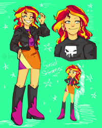 Size: 1638x2048 | Tagged: safe, artist:lempeeartz, sunset shimmer, human, equestria girls, g4, boots, bust, clothes, female, grin, jacket, leather, leather jacket, shoes, skirt, skull, smiling, solo, standing