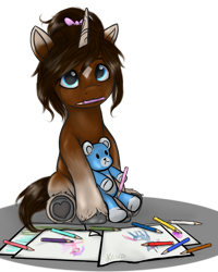 Size: 1024x1282 | Tagged: safe, artist:zsnowfilez, oc, oc only, oc:chocolate frostheart, pony, unicorn, g5, :3, bow, coat markings, colored eartips, colored horn, facial markings, female, filly, foal, full body, hair bow, hoof heart, horn, mouth hold, pencil, pencil in mouth, plushie, simple background, sitting, socks (coat markings), solo, star (coat marking), teddy bear, transparent background, underhoof