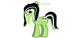 Size: 879x430 | Tagged: safe, oc, oc only, oc:avery, earth pony, pony, agender, agender pride flag, base used, green coat, hair over one eye, multicolored eyes, pride, pride flag, simple background, smiling, solo, striped mane, striped tail, tail, text, two toned mane, two toned tail, white background