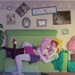Size: 2000x2000 | Tagged: safe, artist:lionbun, fluttershy, oc, oc:lucky charm, human, equestria girls, g4, backless, barefoot, blushing, canon x oc, clothes, commission, couch, couple, cuddling, cute, family, feet, female, high res, humanized, living room, looking at each other, looking at someone, looking into each others eyes, lying down, lying on top of someone, male, open-back sweater, romantic, sleeveless sweater, smiling, smiling at each other, stirrup stockings, stockings, sweater, the pose, thigh highs, toes, underwear, virgin killer sweater, wholesome