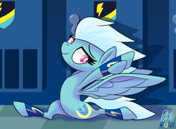 Size: 3000x2208 | Tagged: safe, artist:notadeliciouspotato, derpibooru exclusive, fleetfoot, pegasus, pony, g4, atg 2023, bedroom eyes, female, flexible, high res, lidded eyes, lockers, mare, newbie artist training grounds, seductive, seductive look, sexy, signature, smiling, solo, splits, spread wings, stretching, stupid sexy fleetfoot, wings