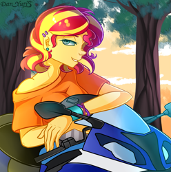 Size: 1655x1667 | Tagged: safe, artist:yuris, sunset shimmer, human, equestria girls 10th anniversary, equestria girls, g4, alternate hairstyle, biker, motorcycle, short hair, smiling, solo
