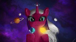 Size: 3840x2160 | Tagged: safe, artist:cyberpixel44, oc, oc:dusk horizon, pony, unicorn, cute, eye reflection, female, flowing mane, high res, looking at you, mare, planet, reflection, smiling, solo, space, wallpaper