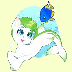 Size: 1150x1150 | Tagged: safe, artist:sadelinav, oc, oc only, fish, pony, seapony (g4), blue eyes, blushing, bubble, cute, digital art, dorsal fin, fin, fish tail, happy, ocean, open mouth, open smile, smiling, solo, sunlight, swimming, tail, teeth, underwater, water