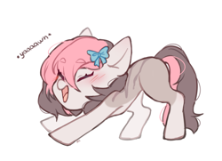 Size: 1919x1391 | Tagged: safe, artist:ruru_01, oc, oc only, earth pony, pony, chibi, concave belly, cute, eyes closed, not snuzzle, open mouth, ribbon, ribbon bow, simple background, solo, stretching, white background, yawn