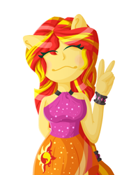 Size: 1072x1424 | Tagged: safe, artist:lindasaurie, derpibooru exclusive, sunset shimmer, human, equestria girls 10th anniversary, equestria girls, g4, my little pony equestria girls: rainbow rocks, :3, armband, breasts, clothes, cutie mark on clothes, eye clipping through hair, eyes closed, female, glowing, hand behind back, jewelry, lineless, peace sign, ponied up, simple background, skirt, smiling, solo, transparent background