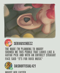 Size: 1059x1280 | Tagged: safe, artist:feelinnglad, derpibooru exclusive, boneless, cheese sandwich, fluttershy, pinkie pie, pony, g4, digital painting, female, implied rainbow dash, mare, meme, pun, rock, rock pun, text, underhoof