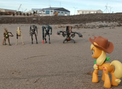 Size: 2245x1642 | Tagged: safe, artist:dingopatagonico, applejack, earth pony, pony, g4, b1 battle droid, b2 super battle droid, beach, cis, confederacy of independent systems, droid, droideka, geonosian soldier, photo, star wars