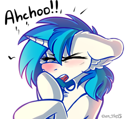 Size: 2094x1970 | Tagged: safe, artist:yuris, dj pon-3, vinyl scratch, pony, unicorn, g4, allergies, blushing, commission, eyes closed, open mouth, red nosed, sick, simple background, sketch, sneezing, solo, white background