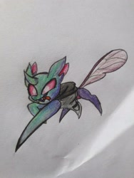 Size: 3096x4128 | Tagged: source needed, safe, artist:flower-black, oc, oc:flower black, changedling, changeling, changedling oc, changeling oc, colored pencil drawing, fangs, simple background, tongue out, traditional art, white background