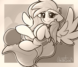 Size: 1083x940 | Tagged: safe, artist:llametsul, fluttershy, pegasus, pony, g4, atg 2023, buckball, confident, female, flying, mare, monochrome, newbie artist training grounds, prehensile tail, signature, solo, spread wings, tail, wings