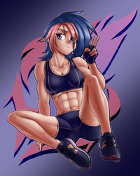 Size: 2640x3300 | Tagged: safe, artist:twigpaste, oc, oc only, oc:archer, human, abs, female, gradient background, high res, humanized, humanized oc, muscles, muscular female, peace sign, solo