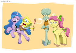 Size: 2048x1432 | Tagged: safe, artist:vinilyart, izzy moonbow, posey bloom, earth pony, octopus, pony, unicorn, anthro, g5, my little pony: tell your tale, bubble, crossover, female, male, mare, open mouth, open smile, posey bloom is not amused, riding, sea sponge, smiling, spongebob squarepants, spongebob squarepants (character), squidward tentacles, unamused