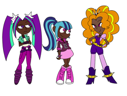 Size: 1200x900 | Tagged: safe, alternate version, artist:fuckomcfuck, artist:icicle-niceicle-1517, adagio dazzle, aria blaze, sonata dusk, human, equestria girls 10th anniversary, equestria girls, g4, belt, boots, clothes, coat, collaboration, dark skin, female, fingerless gloves, gem, gloves, hairband, high heel boots, humanized, shirt, shoes, shorts, simple background, siren gem, size difference, skirt, socks, spiked wristband, stockings, the dazzlings, thigh highs, transparent background, trio, wristband