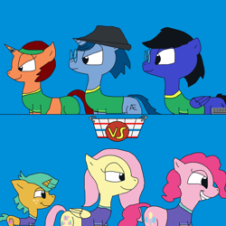 Size: 2000x2000 | Tagged: safe, artist:blazewing, fluttershy, pinkie pie, snails, oc, oc:blazewing, oc:syntax, oc:tough cookie, pegasus, pony, g4, atg 2023, basket, blue background, buckball, buckball uniform, buckbasket, bushel basket, clothes, colt, determined, drawpile, fedora, female, foal, frown, glasses, hairband, hat, high res, horn, horn ring, jersey, magic suppression, male, mare, midriff, newbie artist training grounds, pants, pink mane, pink tail, ring, simple background, smiling, stallion, tail, vs, wings, yellow coat