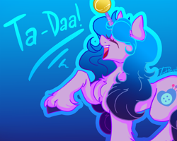 Size: 2500x2000 | Tagged: safe, alternate version, artist:dankpegasista, derpibooru exclusive, izzy moonbow, pony, unicorn, g5, my little pony: a new generation, abstract background, ball, big smile, blue background, blue hair, blue mane, cel shading, chest fluff, colored, colored eyelashes, colored lineart, curly hair, curly mane, cute, digital art, ear fluff, eyelashes, female, full body, full color, gradient background, gradient hair, handwriting, high res, hooves, horn, horn guard, horn impalement, hornball, izzy's tennis ball, izzybetes, krita, long eyelashes, long hair, long mane, mare, messy mane, open mouth, profile, purple coat, purple fur, raised hoof, shading, signature, simple shading, solo, sternocleidomastoid, ta-da!, tail, talking, teeth, tennis ball, text, unshorn fetlocks, wall of tags, wallpaper, wallpaper edit