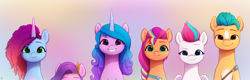 Size: 2800x901 | Tagged: safe, artist:luminousdazzle, hitch trailblazer, izzy moonbow, misty brightdawn, pipp petals, sunny starscout, zipp storm, earth pony, pegasus, pony, unicorn, g5, alternate mane color, bag, blaze (coat marking), bust, coat markings, cornrows, cute, diadem, facial markings, featured image, female, fluttershy's cutie mark, freckles, gradient background, gradient horn, gradient mane, grin, group, group photo, headband, height difference, hitch is tall, horn, izzy is tol, jewelry, line-up, looking at you, male, mane five, mane six (g5), mane stripe sunny, mare, marelet, multicolored mane, one of these things is not like the others, pipp is short, pipp is smol, rainbow dash's cutie mark, rebirth misty, regalia, royal sisters (g5), saddle bag, sash, sextet, sheriff's badge, short, siblings, sisters, smiling, smiling at you, smol, stallion, twilight sparkle's cutie mark, wall of tags