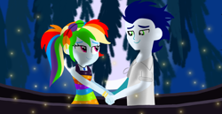 Size: 1980x1020 | Tagged: safe, artist:mlplary6, rainbow dash, soarin', firefly (insect), human, insect, equestria girls, g4, boat, boyfriend and girlfriend, clothes, dress, female, holding hands, looking at each other, looking at someone, male, moon, moonlight, ponytail, romantic, ship:soarindash, shipping, smiling, smiling at each other, straight, the little mermaid