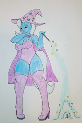 Size: 1280x1921 | Tagged: safe, artist:shrimp-sauce, trixie, anthro, g4, boots, breasts, cleavage, magic, micro, noblewoman's laugh, shoes, shrinking, shrunk, simple background, traditional art