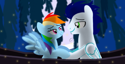 Size: 1980x1020 | Tagged: safe, artist:mlplary6, rainbow dash, soarin', firefly (insect), insect, pegasus, pony, g4, boat, boyfriend and girlfriend, female, holding hooves, looking at each other, looking at someone, male, mare, moon, moonlight, romantic, ship:soarindash, shipping, smiling, smiling at each other, stallion, straight, the little mermaid