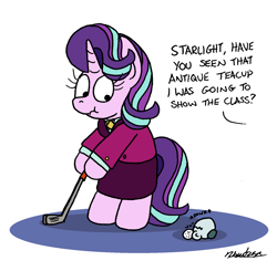 Size: 1644x1552 | Tagged: safe, artist:bobthedalek, starlight glimmer, pony, unicorn, g4, atg 2023, bipedal, clothes, cracked, cup, female, golf, golf club, hoof hold, implied sunburst, jacket, mare, newbie artist training grounds, older, older starlight glimmer, oops, scrunchy face, simple background, skirt, solo, sports, teacup, wavy mouth, white background