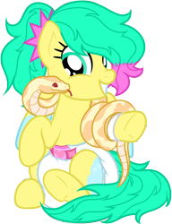 Size: 1476x1925 | Tagged: safe, artist:nitei, oc, oc only, oc:onc, oc:onzy, earth pony, pony, snake, coils, diaper, diaper fetish, female, fetish, grin, mare, non-baby in diaper, simple background, smiling, solo, transparent background