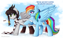 Size: 4300x2600 | Tagged: safe, artist:madelinne, rainbow dash, oc, oc:sound error, pegasus, pony, g4, braid, clothes, cloud, duo, flying lesson, high res, horns, scarf, socks, text, wings